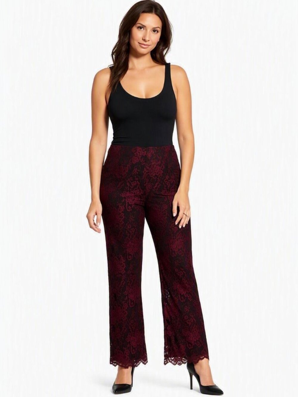 Vintage Finity Studio Red Floral Lace Pants | Sz 12 | Black Contrast
